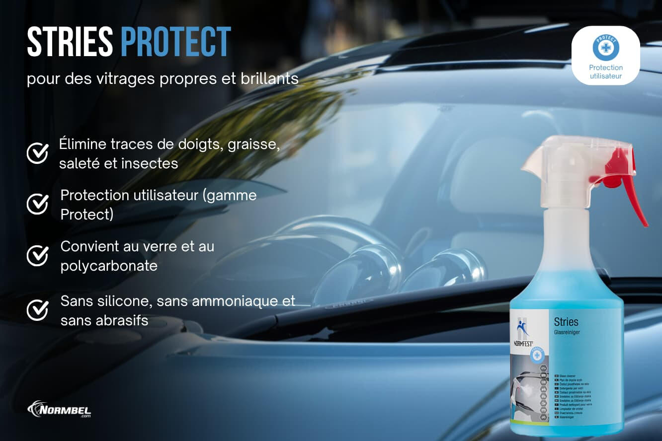 Untitled Un flacon du nettoyant pour vitres Stries Protect posé devant une pare-brise propre et brillante